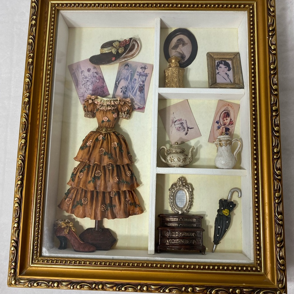 Gold and Brown Mixed Media Art with Ornate Frame